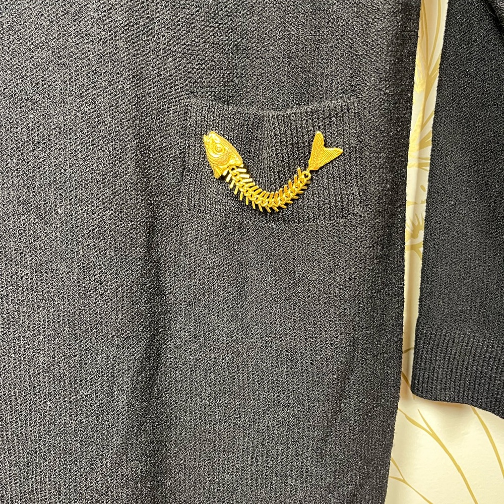 Vintage Steve Fabrikant Black Long Sleeve Knit Dress w/Gold Fish Skeleton Trim - Picture 2 of 6